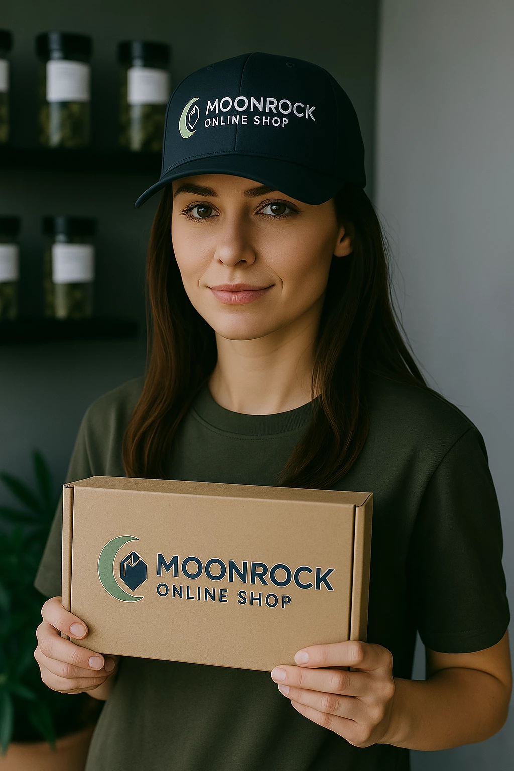 Sales Manager at Moonrock Online Shop holding branded package for secure cannabis delivery