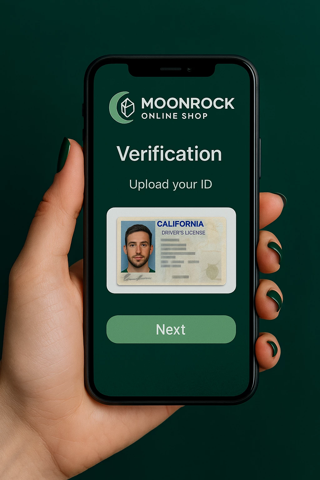 Close-up of hand holding smartphone showing Moonrock Online Shop ID verification screen with blurred driver’s license
