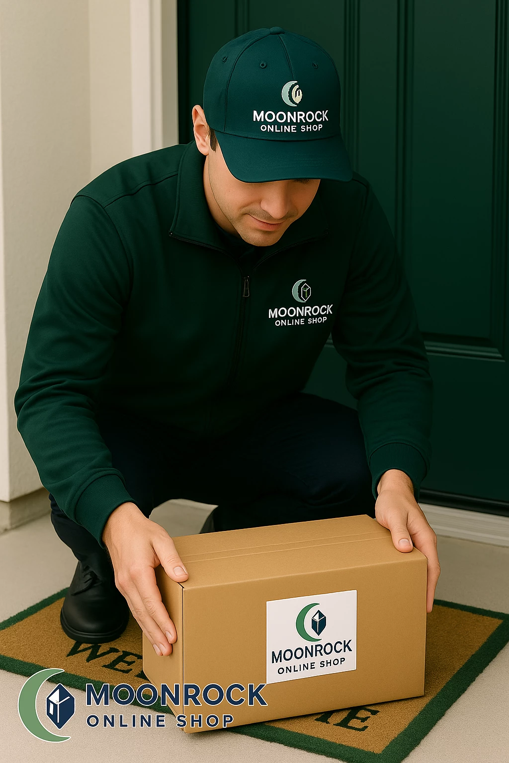 Moonrock Online Shop delivery driver in dark green uniform placing a branded package on a doorstep
