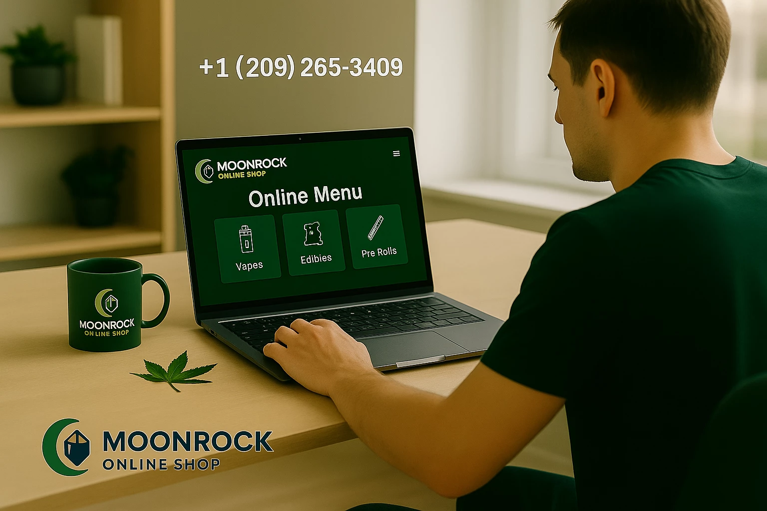User browsing Moonrock Online Shop cannabis menu on laptop with dark green UI, coffee mug, and cannabis leaf