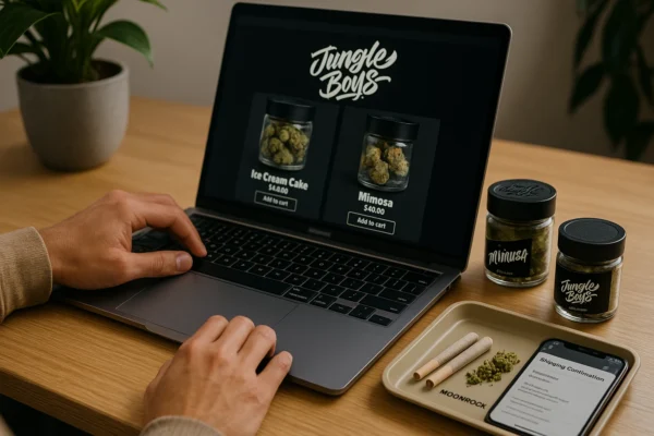 Person browsing Jungleboys strains on a laptop with cannabis jars, rolling tray, and smartphone showing Moonrock Online Shop shipping confirmation.