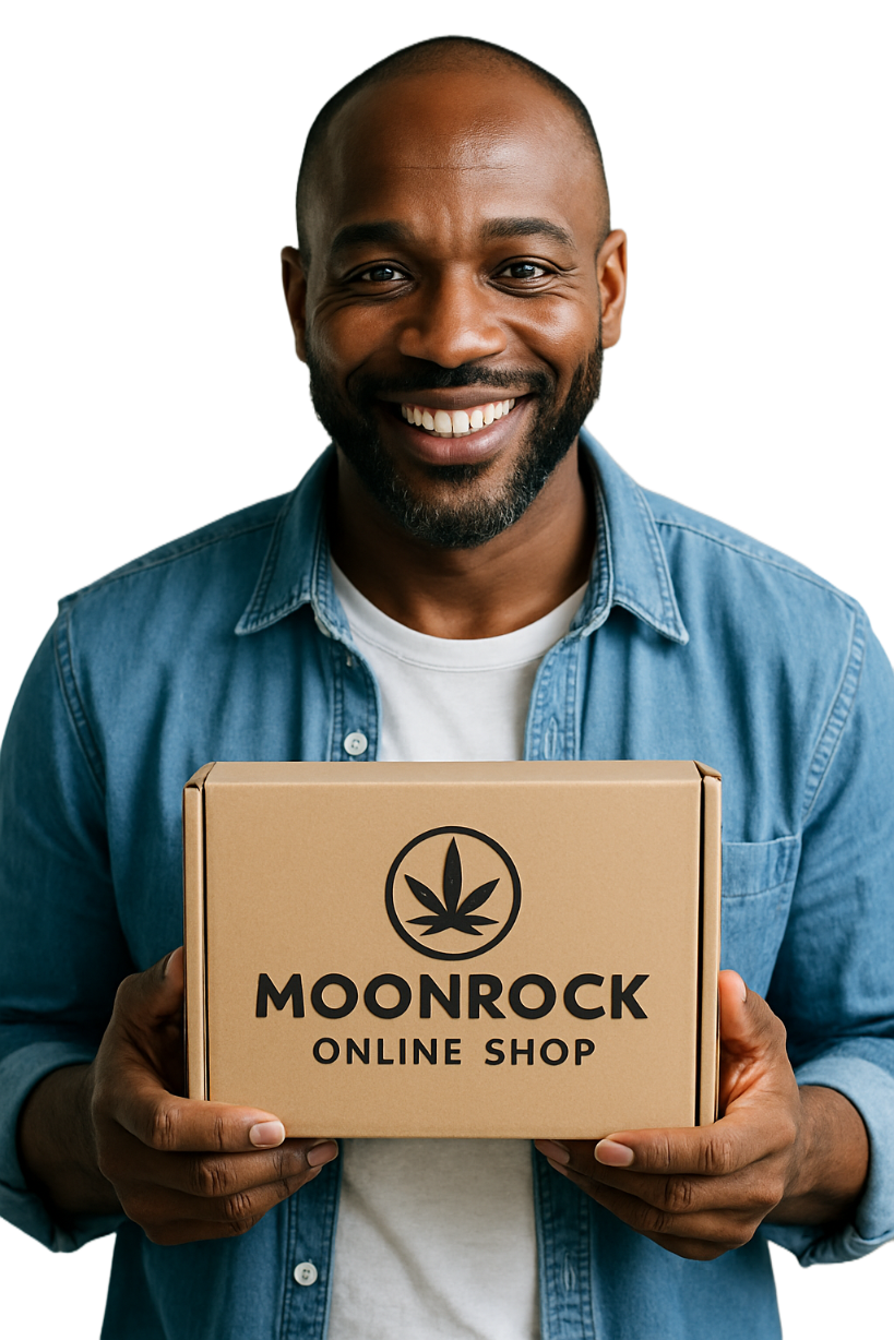 Black male customer holding a green Moonrock Online Shop package with logo