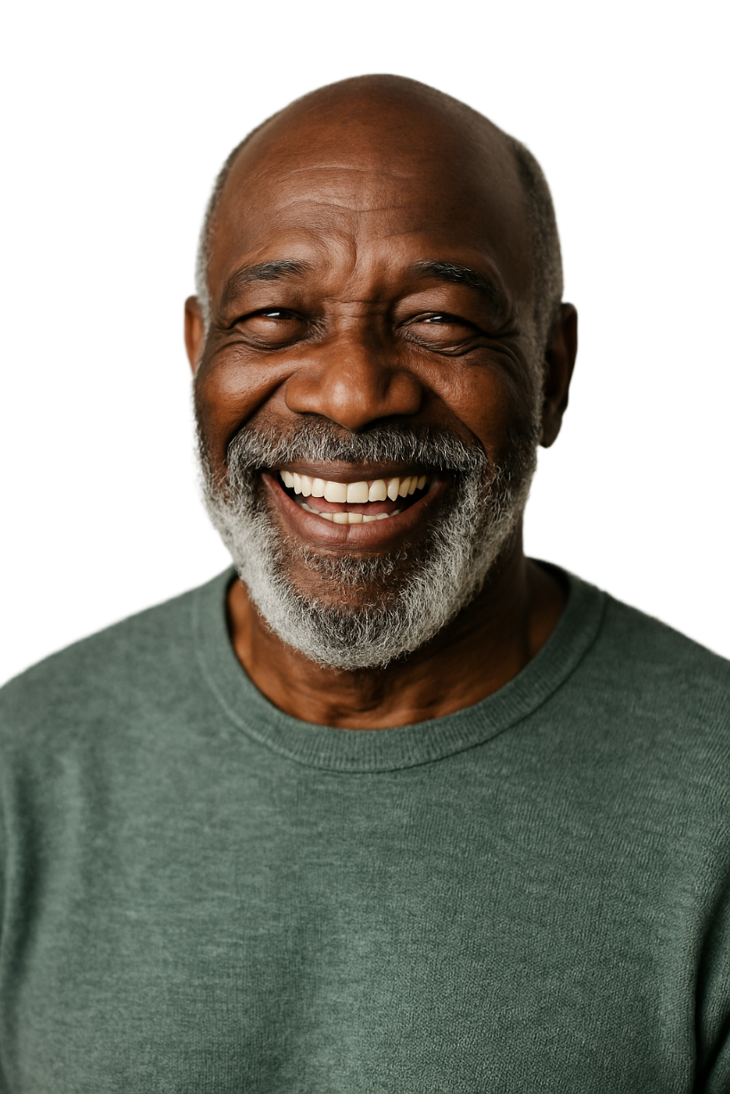 Smiling elderly Black man customer giving a 5-star review for Moonrock Online Shop