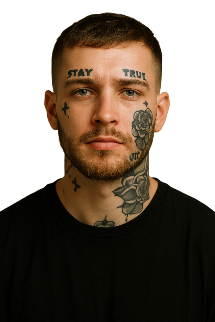 Young man with face tattoos giving a Moonrock Online Shop review