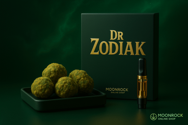 Close-up of Dr. Zodiak Moonrocks and vape cartridge on emerald background