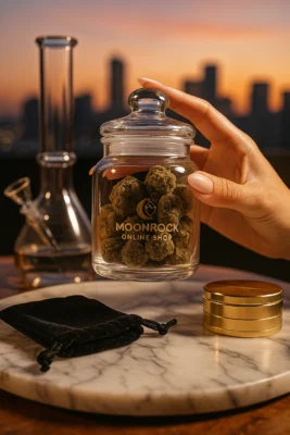 Hand Holding Glass Jar of AAA Moon Rocks Cannabis with Gold Grinder – Premium THC Delivery