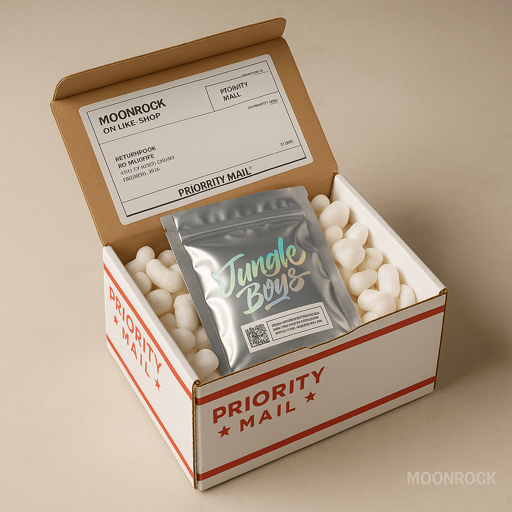 Discreet unmarked Jungle Boys cannabis delivery packaging from Moonrock Online Shop in Los Angeles