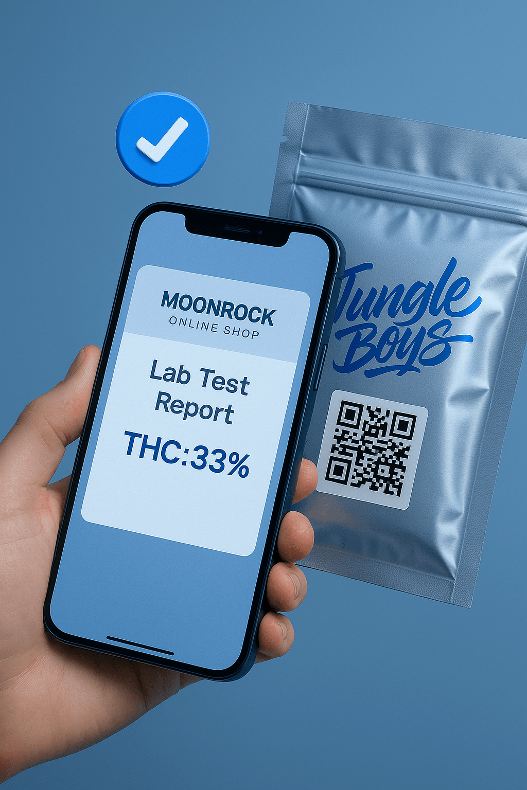 Jungle Boys lab verification QR code linking to Certificate of Analysis for THC testing