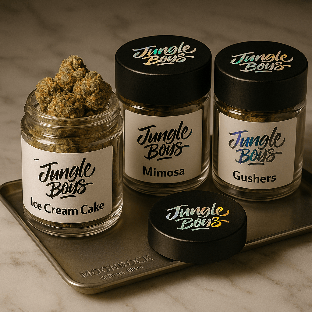 Authentic Jungle Boys flower jars Mimosa Gushers and Ice Cream Cake delivered in Los Angeles