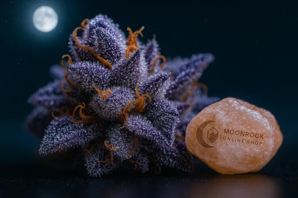 Frosty Granddaddy Purple cannabis bud covered in trichomes under moonlight with Moonrock logo on Himalayan salt crystal