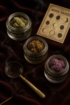 Three premium Moonrock indica strains in glass jars: Northern Lights, Bubba Kush, Purple Punch