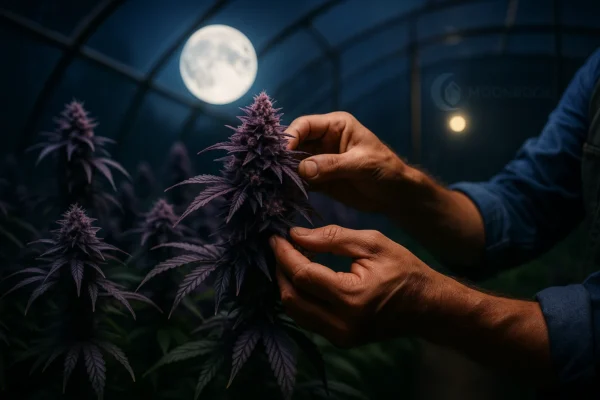 Artisan farmer harvesting purple cannabis at night in Moonrock greenhouse with logo reflection