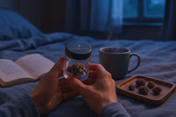 Moonrock cannabis jar with Purple Punch buds beside tea cup in cozy bedroom moonlight