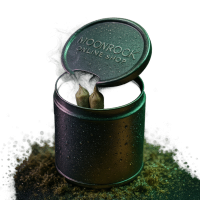 Close-up of a futuristic cannabis can glowing with freshness, revealing two prerolls inside