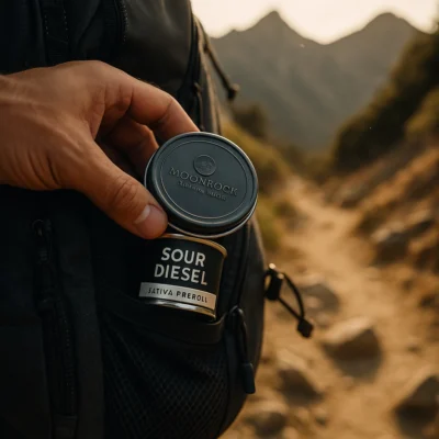 Hand pulling a Moonrock weed can labeled Sour Diesel from a backpack on a mountain trail