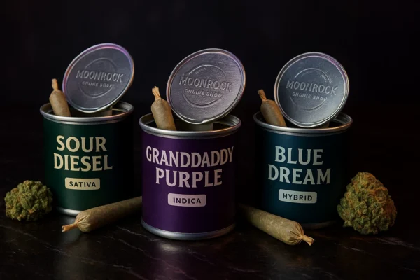 Flat lay of three open weed cans labeled Sour Diesel, Granddaddy Purple, and Blue Dream with pre-rolls