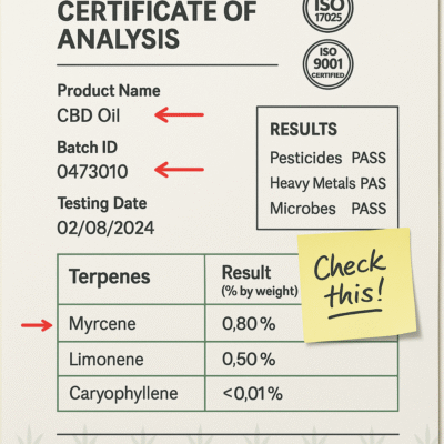 Mock CBD Certificate of Analysis highlighting batch ID, testing date, ISO lab seals, terpene percentages (myrcene 0.8%, limonene 0.5%), and PASS results for pesticides, heavy metals, and microbes. Includes red arrows and a sticky note saying “Check this.