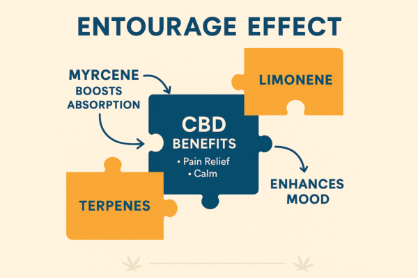 Minimalist infographic showing CBD Benefits as a puzzle piece surrounded by terpenes like Myrcene and Limonene. Labels highlight “boosts absorption” and “enhances mood.” Blue and orange flat design visualizing the entourage effect.