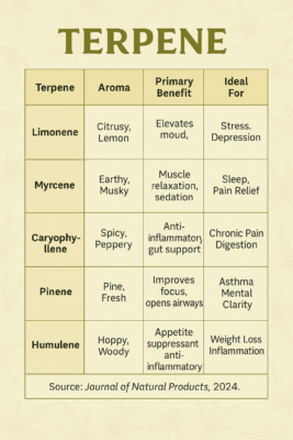 : Visual table comparing 5 cannabis terpenes: limonene, myrcene, caryophyllene, pinene, and humulene. Includes aroma, benefits, and ideal uses. Cannabis leaf border, beige-green palette. Source cited: Journal of Natural Products, 2024.