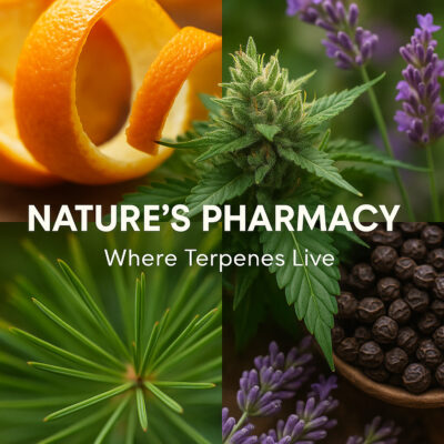 Collage showing natural terpene sources: citrus peel for limonene, pine needles for pinene, black peppercorns for caryophyllene, lavender for linalool, and a hemp bud in the center. Text overlay reads “Nature’s Pharmacy: Where Terpenes Live.”