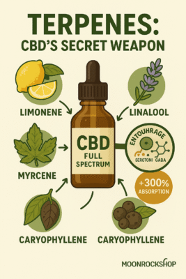 Infographic showing how terpenes like Limonene, Linalool, and Myrcene enhance CBD absorption. Features CBD bottle, source ingredients like lemon, lavender, and peppercorn, and a +300% absorption entourage effect visual