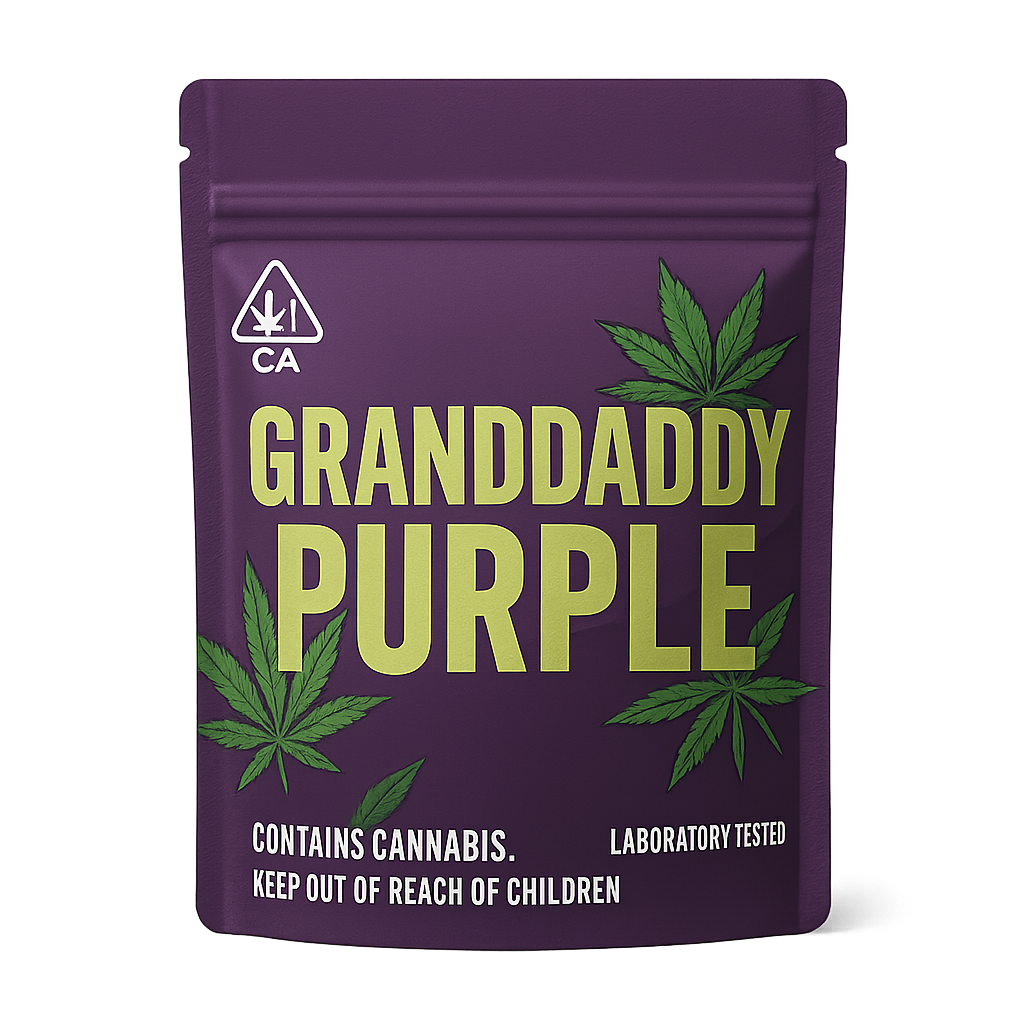 Granddaddy Purple in California-compliant packaging. Weed Delivery Los Angeles