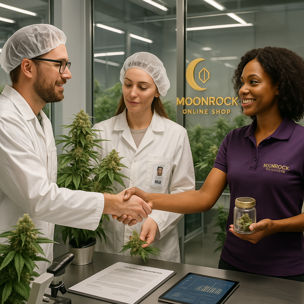 Moonrock Online Shop's Cannabis team collaborating with premium growers at a modern cultivation facility, reviewing quality cannabis plants and lab results with Moonrock Online Shop's logo visible. Weed Delivery Los Angeles