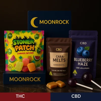 Moonrock Cannabis Edibles - Stoner Patch, THC Gummies, and Chocolate Peanut Cups in compliant packaging