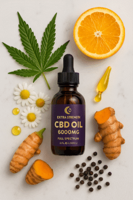 Moonrock 6000mg CBD Oil bottle with Certificate of Analysis and lab beakers