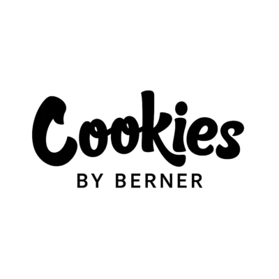 Cookies cannabis brand logo by Berner with bold typography and cookie bite icon in minimalist black and white design