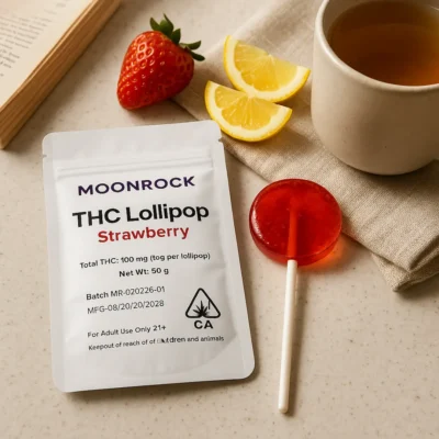 Lifestyle photo: hand holding a strawberry THC lollipop outdoors — Moonrock Online Shop