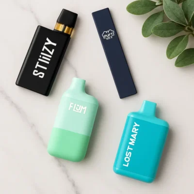 Hero banner flat-lay of Lost Mary, STIIIZY, Flum, and Puff disposable vapes on marble background with Moonrock Online Shop branding