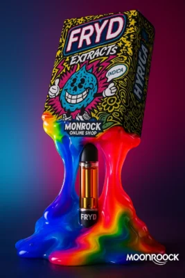 Psychedelic FRYD Extracts vape cart and packaging melting in rainbow liquid art style – Moonrock Online Shop Los Angeles