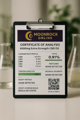 Moonrock 6000mg CBD Oil bottle with Certificate of Analysis and lab beakers