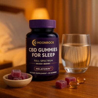 Unwind naturally with Moonrock CBD Sleep Gummies 25mg + Melatonin – part of a relaxing nightly ritual