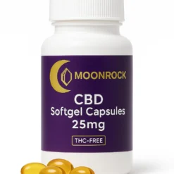 Front-facing product photo of Moonrock CBD Softgel Capsules 25mg bottle with golden softgels at the base, isolated on pure white background, THC-Free label visible