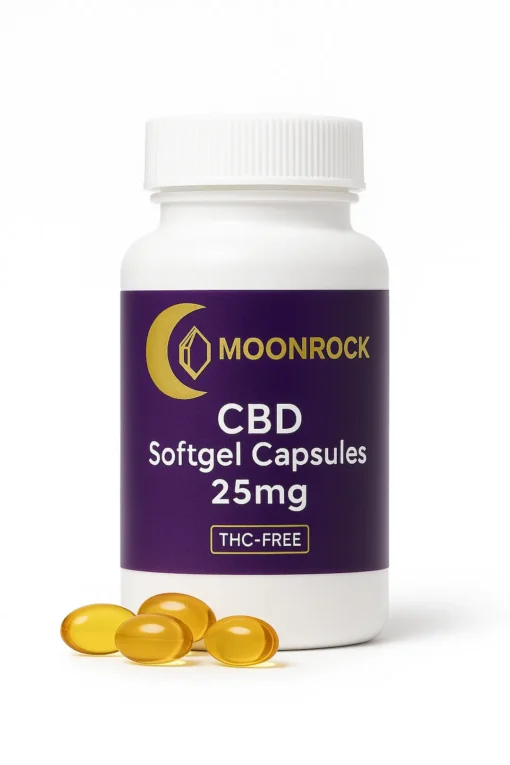 Moonrock CBD Softgel Capsules 25mg – Pure White Background Product Image Front-facing product photo of Moonrock CBD Softgel Capsules 25mg bottle with golden softgels at the base, isolated on pure white background, THC-Free label visible