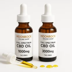Moonrock Full Spectrum CBD Oil 1000mg & 3000mg - Best Weed Delivery California Moonrock Full Spectrum CBD Oil bottles 1000mg and 3000mg with dropper and golden oil on pure white background – THC-free, lab-tested, California
