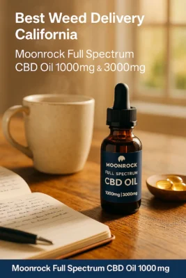 Moonrock Full Spectrum CBD Oil bottle on a wooden breakfast table with coffee, journal, and fruit – warm California lifestyle morning scene