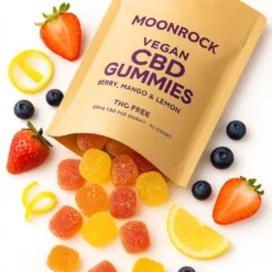 Moonrock Vegan CBD Gummies 25mg -THC-Free Plant-Based Calm Moonrock Vegan CBD Gummies 25mg per gummy, 30 count pouch with natural fruit chews and lab-tested hemp oil in background
