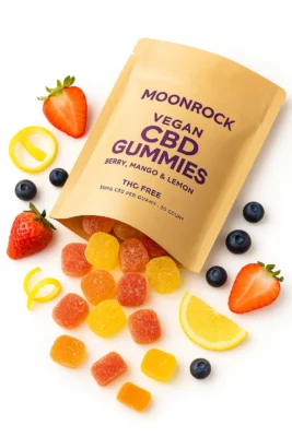 Moonrock Vegan CBD Gummies 25mg per gummy, 30 count pouch with natural fruit chews and lab-tested hemp oil in background