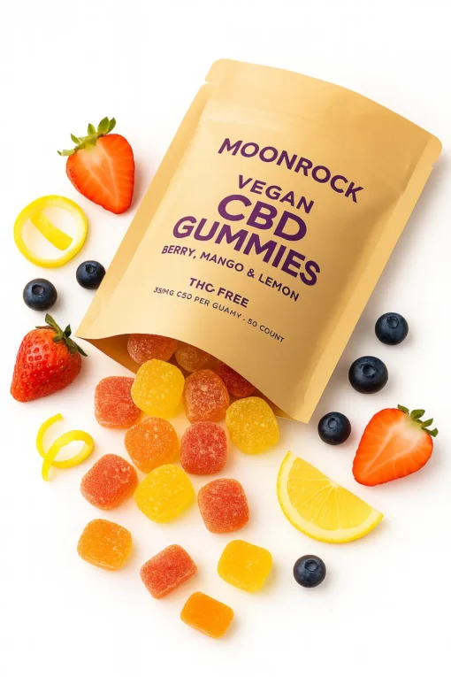 Moonrock Vegan CBD Gummies 25mg -THC-Free Plant-Based Calm Moonrock Vegan CBD Gummies 25mg per gummy, 30 count pouch with natural fruit chews and lab-tested hemp oil in background