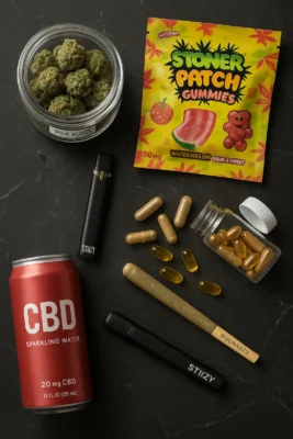 Pink Runtz, STIIZY vape, Moonrock pre-roll, Stoner Patch Gummies, CBD drinks, and CBD capsules flat-lay – Moonrock Online Shop Los Angeles