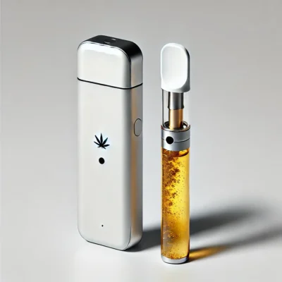 STIIZY vape pod and battery on a pure white background, filled with golden cannabis oil – premium cannabis vape product photo.