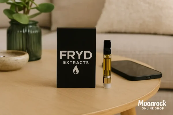 FRYD Extracts vape cartridge and packaging on a wooden table in a relaxed lifestyle setting – Moonrock Online Shop