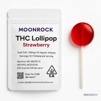 THC Lollipop 10 mg strawberry — CA-compliant pouch with batch MR-082025-01 and COA QR — Moonrock Online Shop