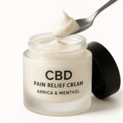 cbd-pain-relief-cream-arnica-menthol-square-thumbnail CBD pain relief cream with arnica and menthol in frosted glass jar, square thumbnail on white background