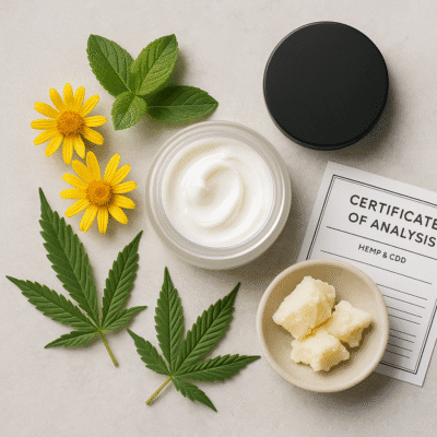 Flat lay of CBD pain relief cream jar with arnica flowers, mint, hemp leaves, shea butter, and lab test certificate