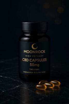 Moonrock High Potency CBD Capsules 50mg bottle with gold label, premium THC-free formula for pain and stress relief