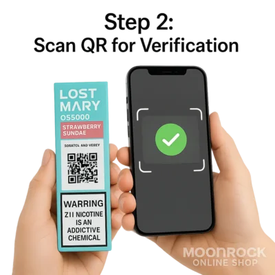 Lost Mary OS5000 QR code scan verification demo — Step 2: Scan QR for authenticity check — Moonrock Online Shop